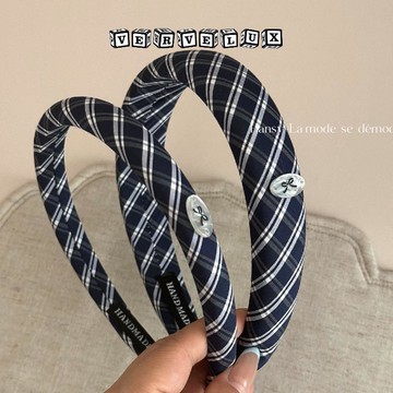 两件9.9折🔥臺灣出貨🔥可開發票✅秋冬橢圓蝴蝶結格紋髮箍藏青色女百搭洗臉發捆日常外帶髮卡髮飾