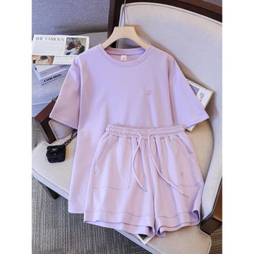 韓系減齡純棉休閑運動服套裝女夏季刺繡居家可外穿短袖短褲兩件套