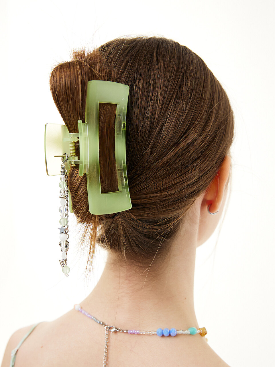 Beads Chain Strap Hair Claw_ Green
