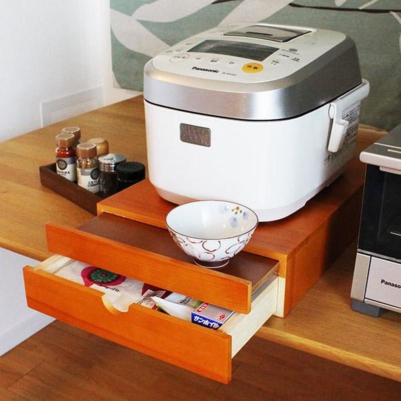 木製　炊飯器ラック　スライドテーブル木製 キッチン収納 レンジ下ラック 幅30cm 家電下スライドテーブル 木製 引き出し