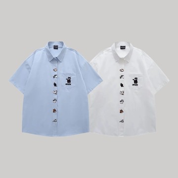 【SEMPLICITA】韓國 小貓咪 刺繡 短袖 襯衫 百搭 素色 情侶 男女皆可