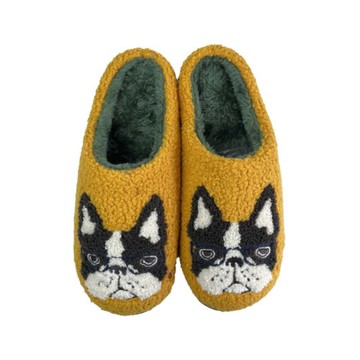 Kusuguru Japan 拖鞋 相良刺繡絨毛保暖止滑鞋底室內拖鞋-黃色