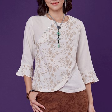 古典美 配色刺繡荷葉袖上衣【58023】棉麻/亞麻/中國風/漢服/茶禪服