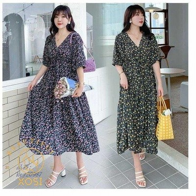 ワンピース レディース 夏 通勤 韓国風 30代 オシャレ きれいめ ゆったり 大きいサイズ 半袖 花柄ワンピース Vネック ロング丈ワンピース 40代 2色 カジュアル 通販 Lineポイント最大get Lineショッピング