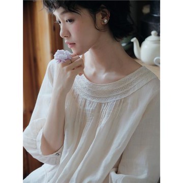 說與山聽 苧麻兩色小衫打條工藝花邊古著感上衣日系女夏 6847