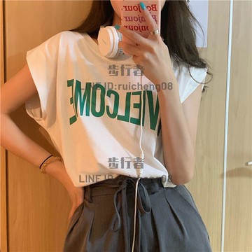 純棉復古港風無袖背心t恤女夏季韓版潮正肩bf學生寬松百搭上衣【步行者戶外生活館】