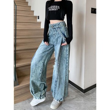 美式復古辣妹燈籠褲破洞牛仔褲女高街設計寬松束腳垂感闊腿工裝褲