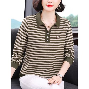媽媽翻領上衣中老年秋裝純棉打底衫女有領條紋長袖t恤洋氣POLO衫