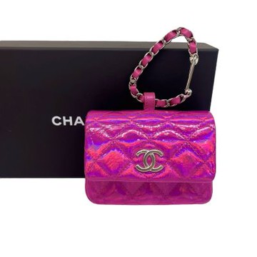 展示品 98成新 CHANEL香奈兒 粉紫色漆皮小羊皮菱格紋皮穿練零錢包/鑰匙圈包