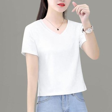 2025新款白色純棉短袖t恤女夏季v領小個子高腰純色百搭體恤短上衣