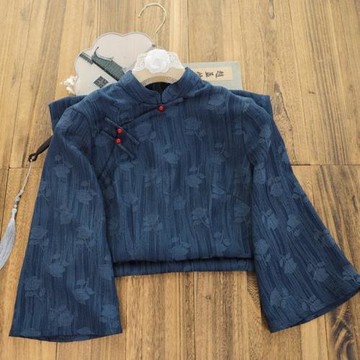 俏娘魚藏藍淑女范倒大袖提花旗袍2024年秋新款改良新中式日常可穿