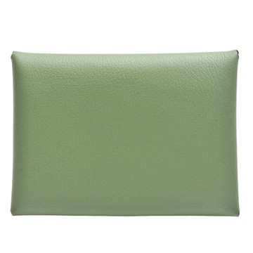 HERMES 經典calvi duo小羊皮折疊暗釦名片/零錢包(淺綠色)