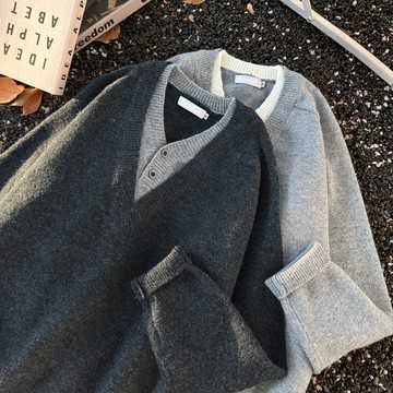 深灰色假兩件V領毛衣男秋冬美式針織老錢風慵懶上衣男