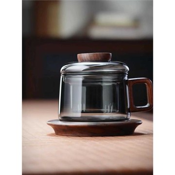 全度玻璃茶杯透黑墩墩杯咖啡杯茶水分離辦公室專用高硼硅耐熱水杯