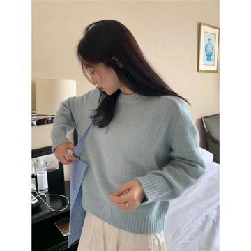 三木社 韓系圓領軟糯毛衣女寬松套頭針織衫線衣2023秋季新品上衣