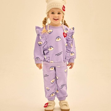 韓國 Care Bears - 聯名款可愛企鵝內磨毛長袖套裝-紫