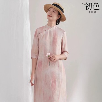 初色 新中式七分袖半開襟改良式旗袍中長連衣裙-粉色-10125(M-2XL可選)
