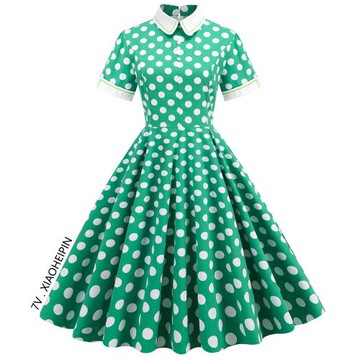 復古港風年代感氣質polo短袖收腰大擺過膝中長顯瘦裙子波點連衣裙