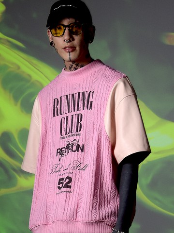 Unisex Leather Sleeve Cable Knit Sweater (Pink)
