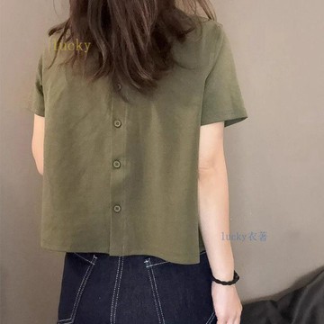 限時秒殺🔥大碼女裝純色正肩圓領後背鈕釦短袖T恤夏季胖mm顯瘦寬鬆減齡上衣