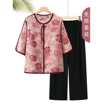 媽媽夏裝套裝女老年人新中式圓領T恤大碼奶奶洋氣短袖老太太衣服