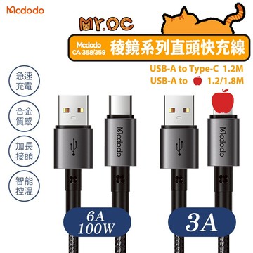 Mcdodo 麥多多 100W快充線 i17/16/15 USB-A 平果Type-C 充電/傳輸 1.8m 鋁合金稜鏡