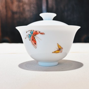 自慢監製 不言美器 釉中彩 玉瓷 蓋杯 蝴蝶