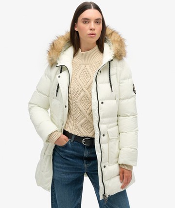 Superdry Women's Everest Mid Faux Fur Puffer Coat White Size: 6