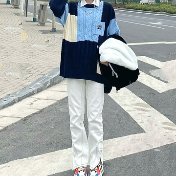 國潮牌小眾設計拼接毛衣女秋冬新款慵懶風情侶oversize鹽系針織衫