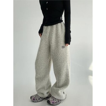 廢柴冬季極簡高級感羊毛加絨休閑直筒褲女寬松復古呢料闊腿褲長褲