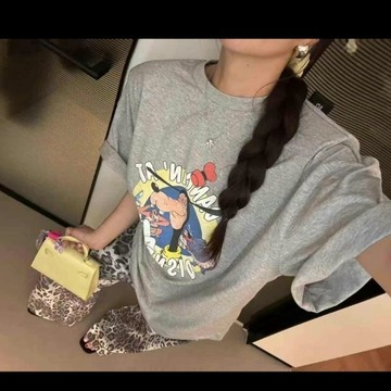 重磅純棉復古chic港風卡通印花夏季新款寬鬆短袖T卹女生休閒上衣