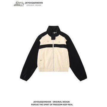 美式復古拼色短款皮衣女辣妹風短外套秋小眾原創設計感寬松機車服