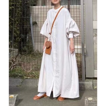 跨境日系寬松超大碼泡泡燈籠長袖襯衫裙排扣及踝拖地長裙連衣裙女