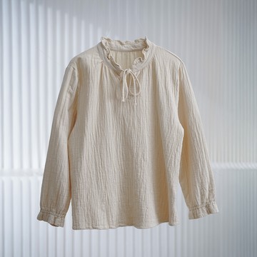 立領木耳邊系帶褶皺棉麻上衣893843