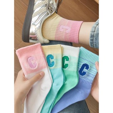 漸變彩色襪子女中筒襪春秋款ins潮純棉多巴胺配鯊魚褲運動長筒襪