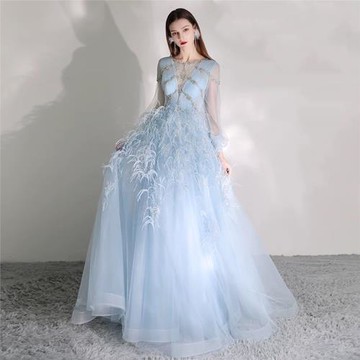 特價2023新款晚宴年會表演主持羽毛敬酒服晚禮服女連衣裙新娘婚禮