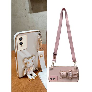 新款暴力熊流珠旋轉支架適用vivoY200手機殼y100斜挎y73s可背帶y97掛繩y93鏡頭全包y53防摔52s/y70/y17硅膠殼