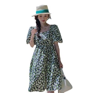 【巴黎精品】連身裙泡泡袖洋裝-雛菊印花及膝平口女裙子a1fc22