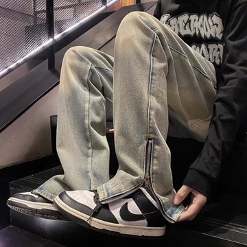 高街復古黃泥水洗拉鏈開叉牛仔褲男女中性風休閑寬松顯瘦微喇叭褲