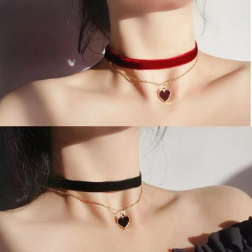 【速發】紅色愛心雙層鎖骨鏈 choker 女 高級設計感 小眾 脖頸鍊 敬酒服項鍊 配飾 頸鏈 鎖骨鍊 項鏈