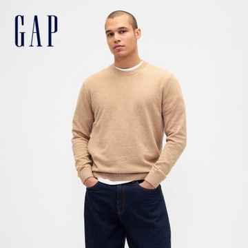 【GAP】男裝|圓領長袖針織衫 CashSoft系列-卡其色(800322)