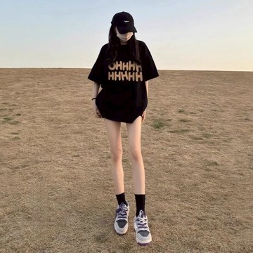 黑色T恤爆款寬鬆顯瘦上衣純棉圓領半袖體恤女生上衣 印花寬鬆情侶短袖T 上衣女 美式t  韓版T 大學T