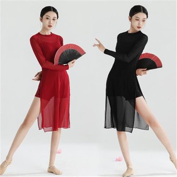 舞蹈專用旗袍古典舞紗衣女短款彈力修身顯瘦開叉爵士中國舞練功服