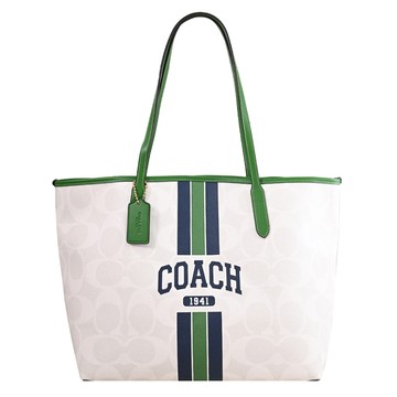 COACH CBI79 City 撞色條紋印花肩背托特包/購物包.白/綠邊