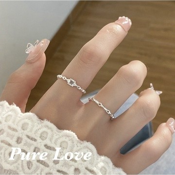 Pure Love樂芙 /正韓 銀飾【S925純銀】R0842簡約通體純銀方鑽鏈條打結可調式開口戒指 / 二款