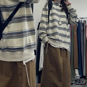 地下室B1-男生衣服 日系條紋復古圓領衛衣 秋冬穿搭 古著 百搭 寬鬆 長袖上衣 大學T【NL664155】