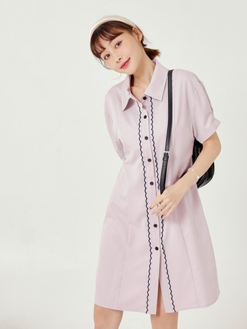 花瓣繡花拋袖綁帶開襟襯衫短洋裝