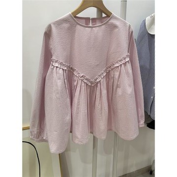 彩色豆豆家新款泡泡棉質長袖圓領娃娃版女襯衫粉色豎條紋甜美文藝