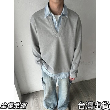 台灣現+出  【店鋪熱銷】美式複古假兩件衛衣男春秋季條紋襯衫拚接polo衫寬鬆潮牌套頭外套AQ