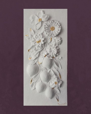 雕塑牆面藝術金色和白色淺浮雕植物藝術品花卉石膏浮雕可直接懸掛